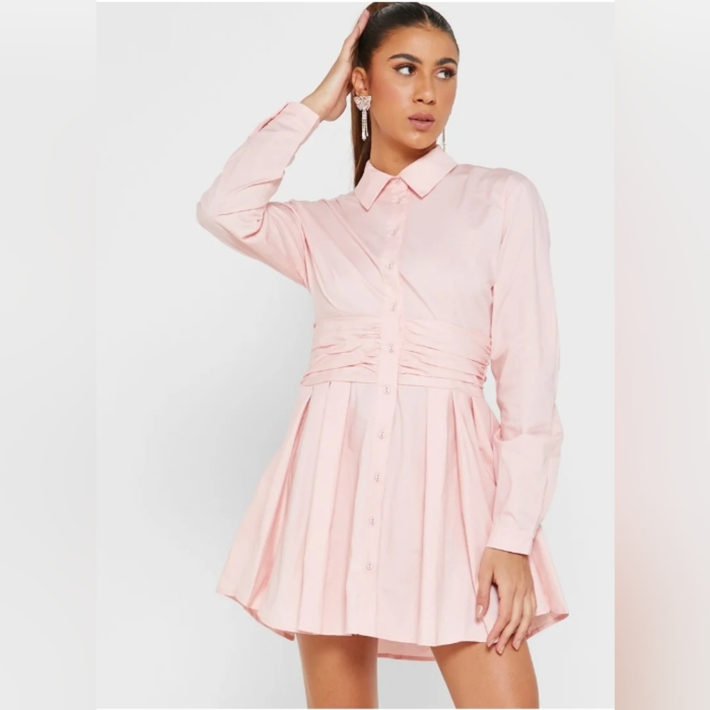 Bardot Shirt Dress Mini Pink Ruched A-Line with Cuffed Long Sleeves Button 4